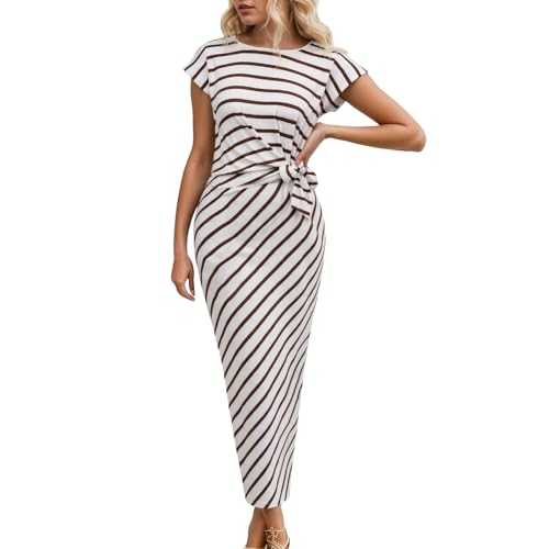 Women's Summer Striped Round Neck Cap Sleeve Casual Tie Waist Bodycon Pencil Maxi Dresses