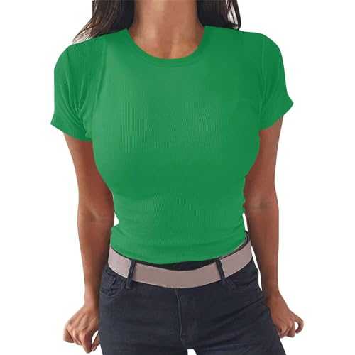 Generisch Women's T-Shirt Large Sizes Crew Neck Short Sleeve T-Shirt Summer Basic Plain Ribbed Slim Fit Tee Shirts Stretch Casual Tops Blouse Tops