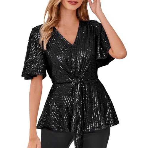 Womens Sequin Tops V Neck Sexy Tie Front Short Bell Sleeve Shirts Elegant Peplum Tops Blouse Summer Shiny Metallic Sparkly Glitter Tops Top Party Club Cocktail Vest Shirt