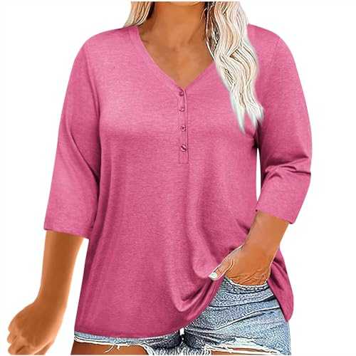 Women's 3/4 Sleeve T Shirts UK Half Button V Neck Tunic Tops Baggy Solid Tshirt Work Dressy Shirts Summer Fall Pullover Blouse Plus Size Tops for Women 18-26 Clearance