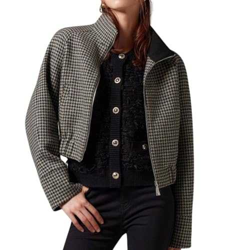 CHARTOU Women Cropped Wool Jacket Houndstooth Plaid Fall Winter Peacoat Outwear