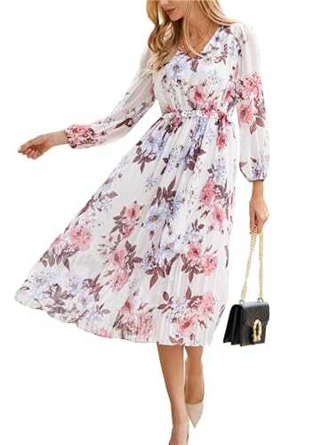 GRACE KARIN Women Floral Feminine Long Sleeve V-Neck Dress Elegant A-Line Elastic Waist Pleated Boho Dresses for Ladies