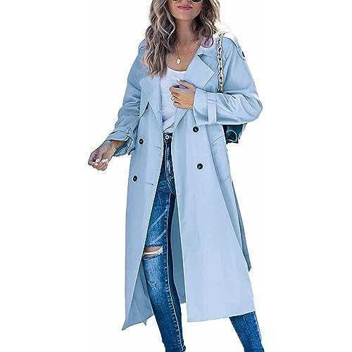 TEPTDirio Women's Trench Coat UK Sale Clearance Long Double-Breasted Fashion Winter Windbreaker Button Down Cardigans Jacket Loose Comfy Hooded Jacket Classic Lapel Slim Overcoat Outerwear with Belt
