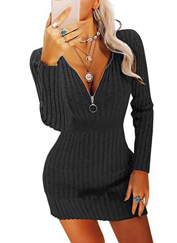 Ebifin Sweater Dresses for Women Sexy Jumper Dresses Knitted Zip-up V Neck Long Sleeve Winter Pullover Dresses.