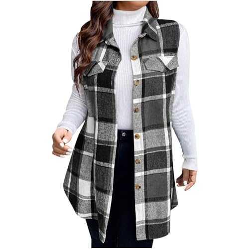 KUIH Gilet for Women UK Plus Size Checked Plaid Wool Gilet Outwear Button Down Cardigan Thermal Waistcoat Body Warmer Lightweight Sleeveless Jacket Cozy Gilets Ladies Winter Jacket with Pocket