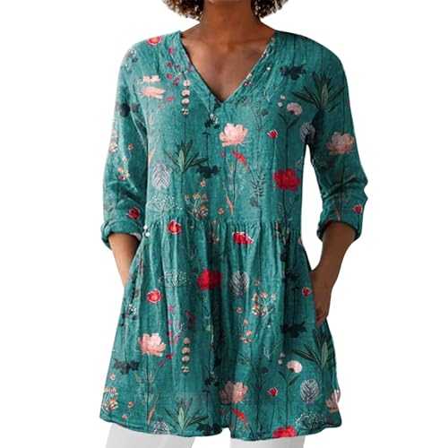 Nuaoxyeu Ladies Tops Women V Neck Linen Shirts Casual Baggy Long Sleeve Floral Print Tunic Tops Classic Loose Fit Blouse Soft Beach Wear Plus Size Summer Holiday Going Out Clothes