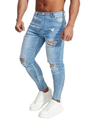 NOAZORO Men's Ripped Skinny Destroyed Stretchy Knee Holes Slim Tapered Leg Jeans Denim Pants Black