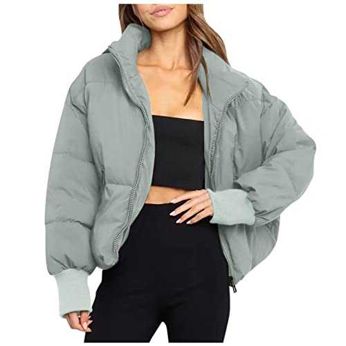 Puffer Jackets Women Cropped Padded Down Jacket Stand Collar Long Sleeve Winter Jackets for Women UK Casual Full Zip Up Quilted Jackets for Outdoor Warm Short Coatwear