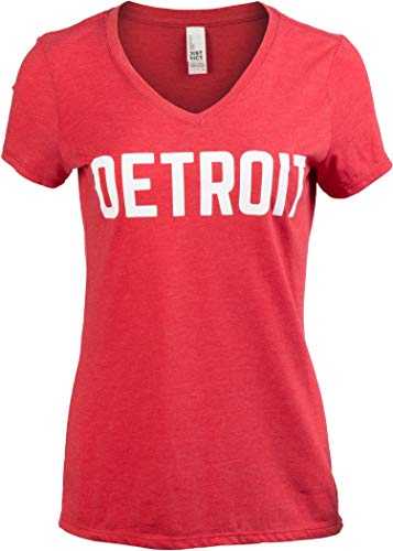 Detroit | Classic Retro City Grey Blue Red Black Detroiter 313 Cool Michigan Women V-Neck T-Shirt Top