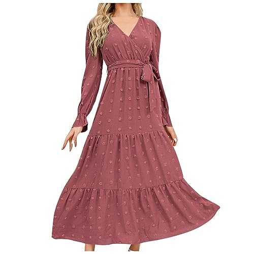 Summer Dress for Women Sale Clearance Bohemian Maxi Dress V-Neck Long Sleeve Swing Dresses Vintage Elegant Floral Dress Ladies Loose Casual Holiday Going Out Beach Dress Boho Long Dress with Belt