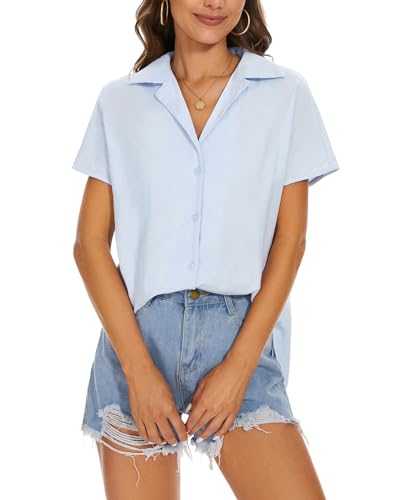 MINTLIMIT Womens Button Down Shirts Collared Blouse Dolman Short Sleeve Tops Resort Collar V Neck Tunic Top Solid