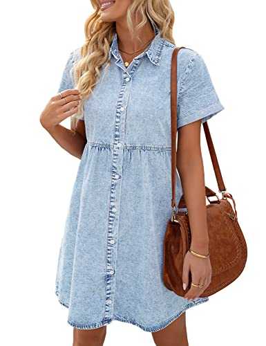 Vetinee Women's Casual Babydoll Denim Dress Short Sleeve Button Down Flowy Tiered