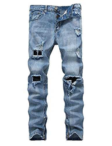 DSDZ Fashion Men's Stretch Ripped Hole Skinny Blue Jeans with Side Zippers