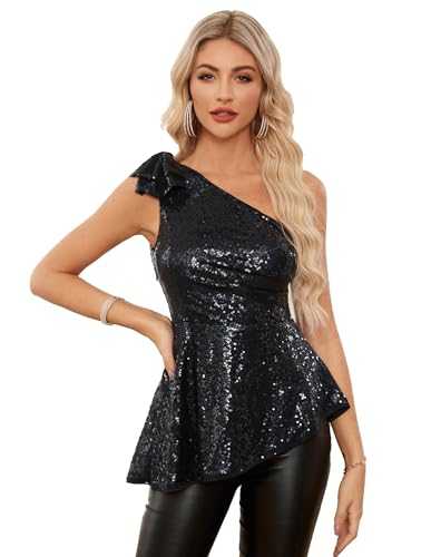 GRACE KARIN Women's Sequin Party Tops One Shoulder Irregular Peplum Hem Tops