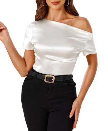 VIDUSSA Satin Tops for Women UK - Off Shoulder Short Sleeve Dressy Blouse Summer Ruched Asymmetrical Casual Shirts