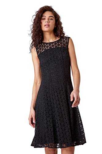 Roman Originals Floral Lace Overlay Dress for Women UK - Ladies Skater Fit and Flare Wedding Guests Smart Formal Stretch Shimmer Lined Metallic Sparkly Sequin Fitted Dresses
