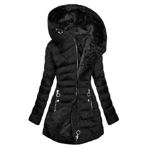 Womens Down Jacket Padded Warm Puffer Coat with Fleece Lined Hooded Jacket Windproof Thick Quilted Jacket Mid Length Zipper Parka Coat Outwear for Winter Mountain