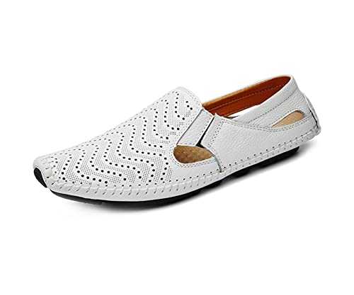 Mens Leather Driving Loafer Lightweight Slip-on Perforated Breathable Walking Boat Shoes Flat Slippers Outdoor Moccasin