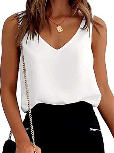 Womens Silk Satin Tank Tops Casual Sleeveless V Neck Camisole Blouses Summer Vest Basic Shirt