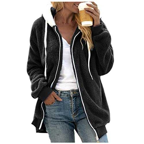 Women S Fleece Jackets Loose Solid Color Artificial Wool Zipper Drawstring Long-Sleeved Hoodie Sweater Coat Girls Fleece Jacket