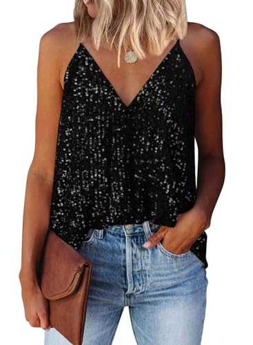 AirMood Women Sexy V Neck Sparkle Shimmer Tank Vests Sequins Tops