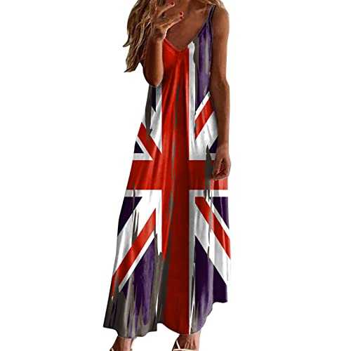 Union Jack Dress,Spaghetti Strap Maxi Dress Union Jack Flags Printing Summer Dresses Ladies Beach Plus Size Casual Long Dresses V Neck Sundresses