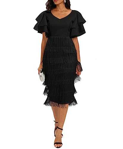 VERWIN Women's Fringe Maxi Dress High Waist V Neck Tiered Tassels Dress Ruffles Sleeve Bodycon Prom Dress