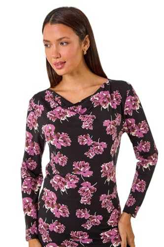 Roman Originals Cowl Neck Top for Womens UK - Ladies Jersey Blouse Stretch Ruched Waist Flattering Smart Casual Formal Party Work Office Autumn Winter Shirt 3/4 Sleeve