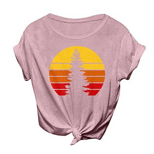 Women Casual Vintage Sun Print Camping Print Solid Color Short Sleeve T Shirt Top 3/4 Sleeve Running Tops for Women UK Women's Plaid Shirt Jacket Personalised Gifts Womens Clothing Sale Clearance UK
