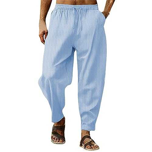 Men's Linen Trousers, Lightweight Wide Leg Casual Trousers, Striped Beach Trousers, Breathable Elastic Suit Trousers, Outdoor Drawstring Trousers, Casual Jogging Bottoms, Straight Leg, Loose Summer