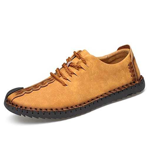 Men's Casual Oxfords Shoes Dress Loafers Lace Up Shoes Handmade Retro British Style Business Flat Loafers Driving Shoes Yellow 9.5UK