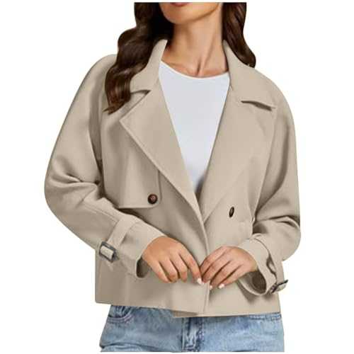 Women's Jackets Cropped Trench Coats Lapel Double Breasted Blazer Long Sleeve Casual Jacket Button Down Peacoat Trench Jackets Overcoat Winter Coat Outerwear with Pockets