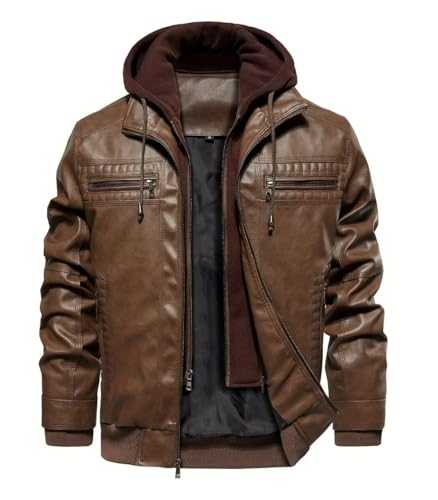 FTIMILD Mens Leather Jacket Leather Motorcycle Jacket with Removable Hood Waterproof Bomber Jackets Multiple Pockets