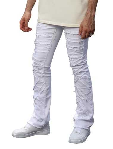 LOGEQI Men's Stacked Jeans Slim Fit Ripped Jeans Destroyed Straight Denim Pants Hip Hop Trouser Streetwear