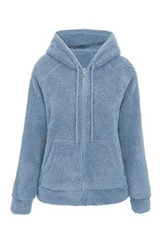 RISISSIDA Women Faux Fleece Lightweight Thin Jacket Spring Fall and Winter Fashion, Cute Thermal Faux Fur Coat Hooded, With Hood-blue, S