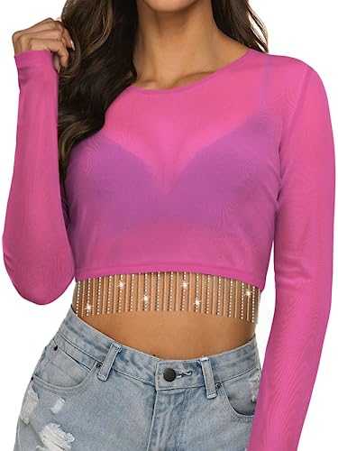 MYMORE Women Nashville Rhinestone Fringe Mesh Crop Top Sheer See Through Sparkly Long Sleeve Rave Concert Outfit