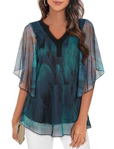Womens Blouses for Women UK Ladies Tops Ruffle 3/4 Sleeve V Neck Blouses Shirts Floral Double Layered Mesh Tunics Womens Dressy Tops M-3XL