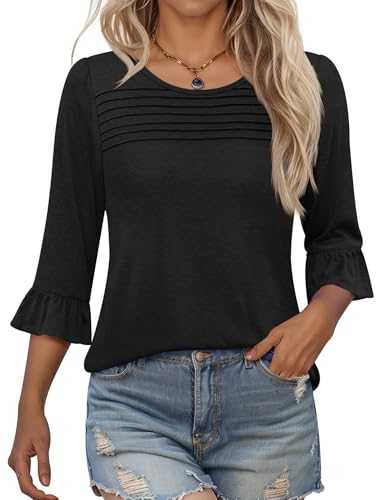 Kistore Womens 3/4 Sleeve Tops Summer Tunic Shirts Casual Dressy Crew Neck Top Printed Pleated Blouses