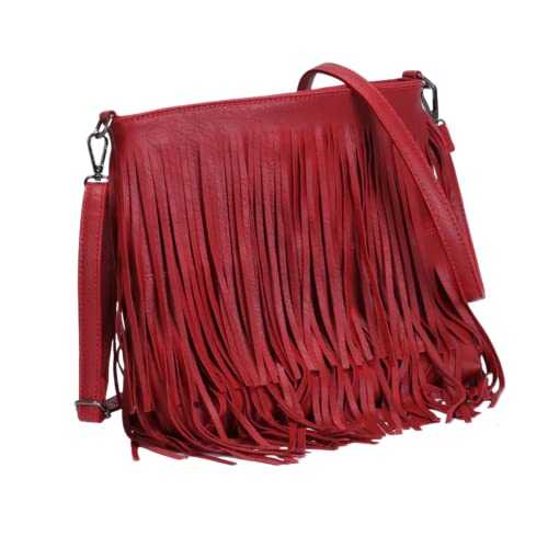 kukubird Crossbody Bags Tassel Fringe Zipper Closure Faux Leather Medium Shoulder Bag,Multiple Compartments Messenger Bag