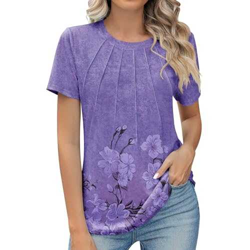 Womens Shirts and Blouse Sale Clearance Ruched Round Neck Blouse Tees for Women Solid Color Loose Short Sleeve Tops Summer Classic T-Shirt Casual Pleated Ladies Tunic Tops