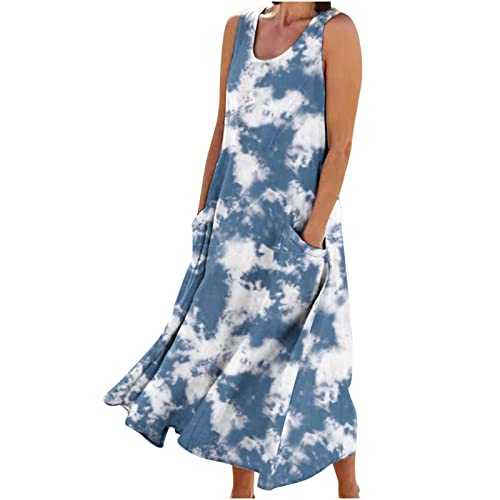 Linen Dresses for Women UK Sale Clearance Floral Printed Summer Beach Dresses Long Swing Dress Sleeveless Midi Dresses Baggy Casual A Line Sundress with Pockets S-3XL