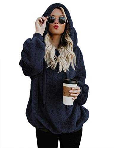 iWoo Teddy Fleece Sweatshirts Womens Casual Double Fuzzy Fluffy Hoodie Solid Color Warm Stylish 1/4 Zip Pullover with Pockets