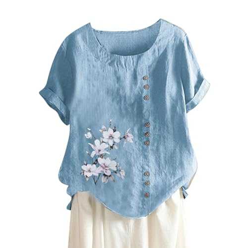 Women's Cotton and Linen Loose Fit Casual Floral Print Short Sleeve Up Top Womens Layering Shirts Long Sleeve
