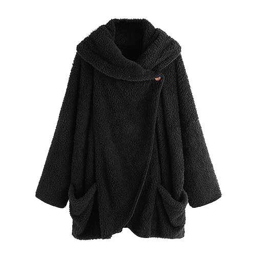 Women Fleece Jacket Warm Thicken Winter Jacket Single Button Fluffy Coat Pockets Womens Cardigan Casual Loose Teddy Jacket Outwear Long Sleeve Jackets