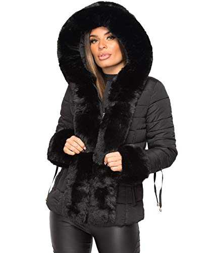 Womens Quilted Padded Side Buckle Belted Fur Hooded Coat Jacket