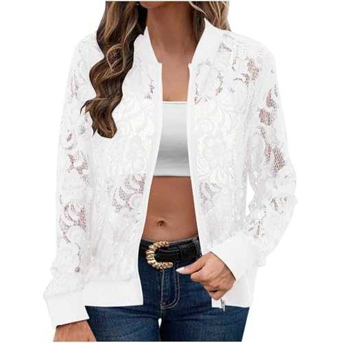 Lace Jackets for Women UK Sale Clearance Stand Collar Zip Up Mesh Sheer Bomber Jacket Ladies Elegant Sexy Floral Lace Jackets Motocycle Baseball Jacket Moto Bike Coat Cardigans