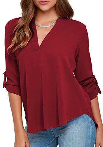 EFOFEI Womens Adjustable Cuffed Sleeve Button Down Notch V Neck Chiffon Solid Color Tops Casual Plus Size Blouse