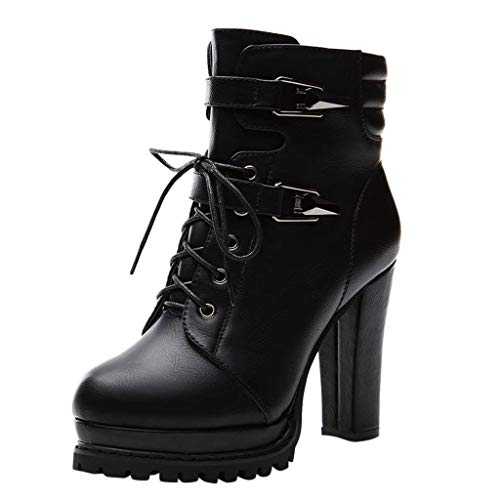 VEMOW Platform High Heels Boots for Women Lace up Fashion Elegant Chunky Heeled Shoes Fashion Ladies Toing Out Work Office Ankle Boot