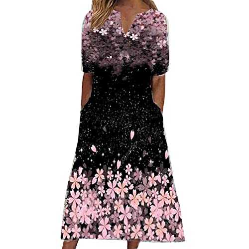 Flowy Dresses for Women 2023 UK Clearance Summer Short Sleeve T Shirt Dresses Button Down V Neck Floral Long Dress with Pockets