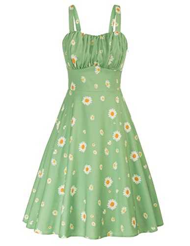 Belle Poque Women's Vintage Sleeveless Solid Floral Ruched Summer Cute A-Line Flowy Swing Midi Dress